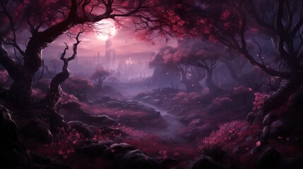 a dark, purple forest with red trees