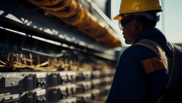 An insulator points to soing in the distance with one hand spool of wiring in the other. The worker wears a white hard hat yellow safety glasses and a navy blue jumpsuit as they inspect soing near