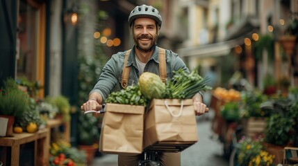 Male courier with bicycle delivery food service at home. Shopping paper bag