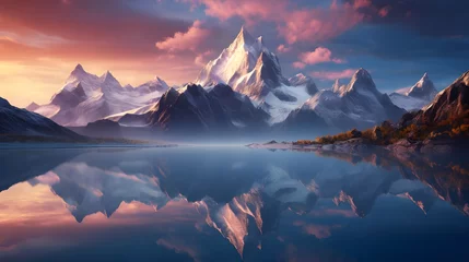 Fotobehang Mountains covered with snow at sunset - Ai generated © mady
