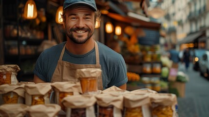 Delivery worker holding packet with food looking at the camera and smiling. Close up portrait of positive man courier person