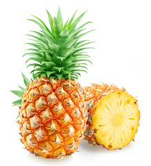 Ripe pineapple  and pineapple slices isolated on white background. File contains clipping path.