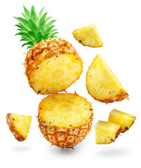 Ripe pineapple  and pineapple slices isolated on white background. File contains clipping path.
