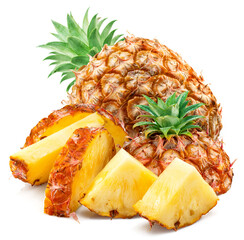 Ripe pineapple  and pineapple slices isolated on white background. File contains clipping path.