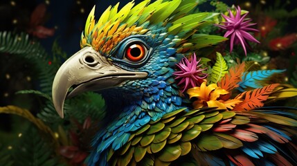 Fototapeta premium a colorful parrot with feathers and flowers