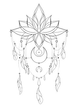 Lotus mandala dream catcher with moon illustration of a indin flower yoga symbol line work 