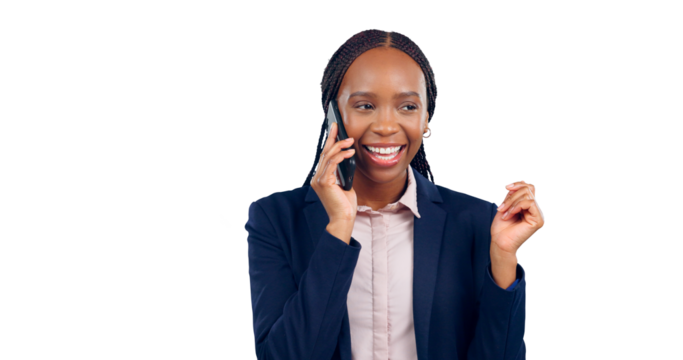Business woman, smile and phone call with communication for opportunity, excited or feedback. Black person, cellphone and isolated transparent png background for conversation, networking or connect