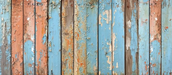 Peeling texture of gates with aged, painted wooden planks.
