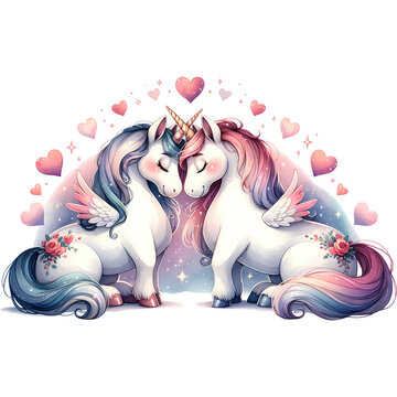 Cute unicorns in love with hearts isolated on white background.