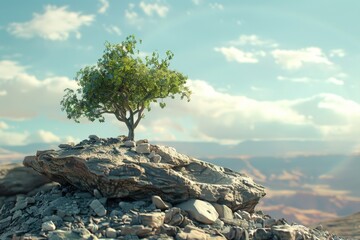 Tree Growing in Unlikely Harsh Environment Deserted Rocky Cliffside demonstrating Resilience, Adaptability and Incredible Ability of Trees Thrive in Conditions created with Generative AI Technology - obrazy, fototapety, plakaty