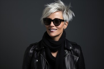 Portrait of a beautiful woman in black leather jacket and sunglasses.