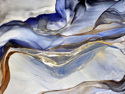 Abstract blue background with gold &mdash; fluid art texture made with alcohol ink and golden potal. Beautiful smudges and stains. Blue with gold natural art backdrop resembles watercolor or aquarelle.