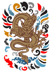 Dragon tattoo, Beautiful color Japanese on water splash background