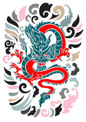 Dragon tattoo, Beautiful color Japanese on water splash background