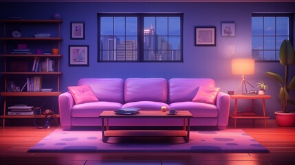 a brightly lit modern living room with a purple couch in yellow lamps