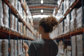 A female employee or supervisor checks the stock inventory on a digital tablet as part of a smart warehouse management system 