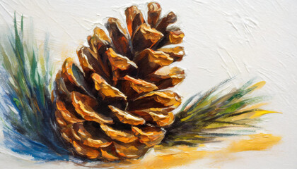 Oil painting of a pine cone on pure white canvas, copyspace on one side