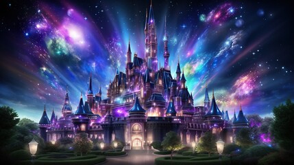 a big castle with purple starry sky