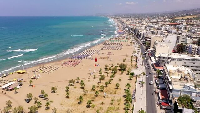 Panoramic view of the beach in the city of Rethymno Greece Crete, from above.