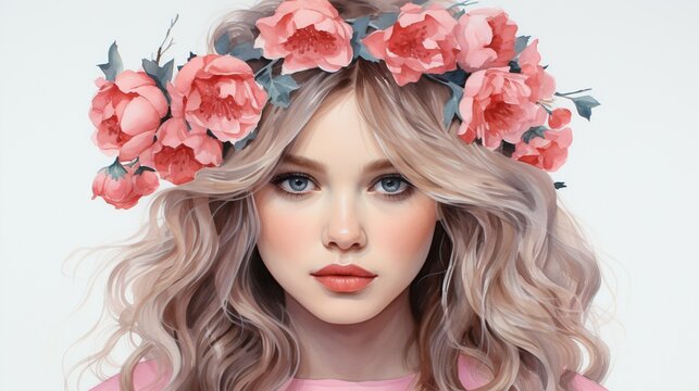 a beautiful girl wearing a pink floral crown on her hair
