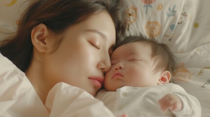 Obraz na płótnie Canvas Close up portrait of beautiful young asian caucasian mother day girl kissing healthy newborn baby sleep in bed with copy space. 