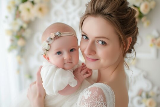 photo of a elegant mom hugging a new born baby, bright background, hygge style, smile happily
