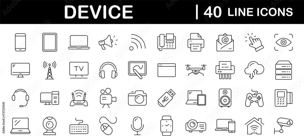 Poster devices set of web icons in line style. electronic devices and gadgets icons for web and mobile app.