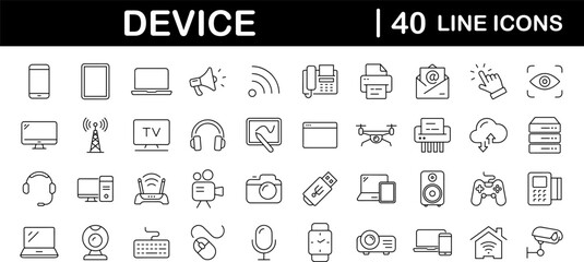 Fototapeta na wymiar Devices set of web icons in line style. Electronic devices and gadgets icons for web and mobile app. Smart devices, technology, computer monitor, smartphone, tablet, laptop, drone. Vector illustration