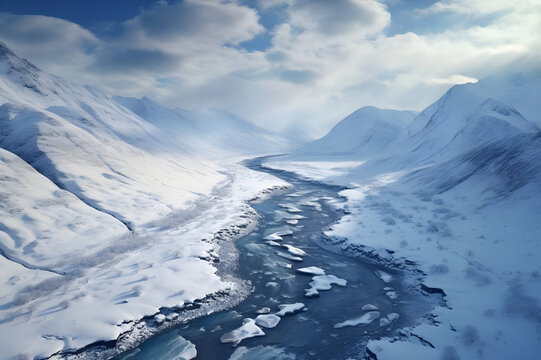 Aerial view of ice mountains glaciers in winter - Ai generated