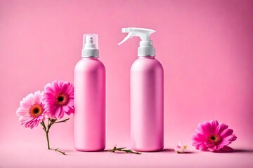 Obraz na płótnie Canvas pink cosmetic spray bottle with minimalist floral background , packaging and advertising mockup