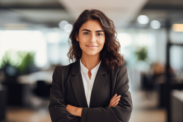 Successful latin business woman standing in modern office with copy space