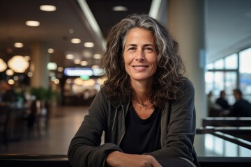 Obraz premium Portrait of a smiling mature woman sitting in a lobby of a shopping center