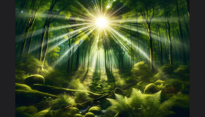 Fototapeta na wymiar Envision a lush green forest, vibrant and full of life, with beams of sunlight piercing through the dense canopy above, creating a magical interplay