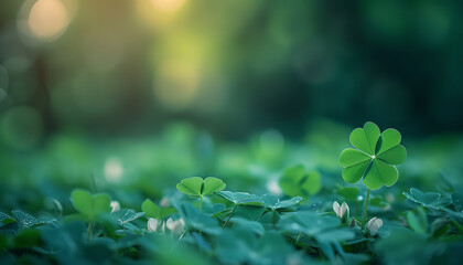 A single four-leaf clover stands out in a field of three-leaf clovers, symbolizing luck and rarity among the ordinary - wide format