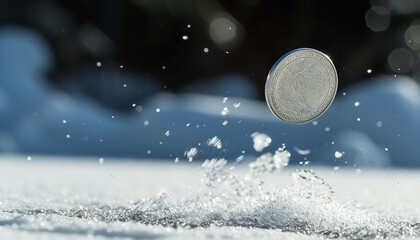 A coin is captured in mid-air during a toss - symbolizing the 50/50 chance and unpredictability of outcomes - wide format - obrazy, fototapety, plakaty