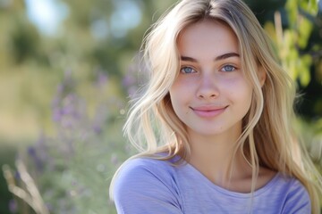 Naklejka premium full body photo of a beautiful Asian-Slavic teenage girl, she has blonde hair and blue eyes, full body, blue and violet clothes,