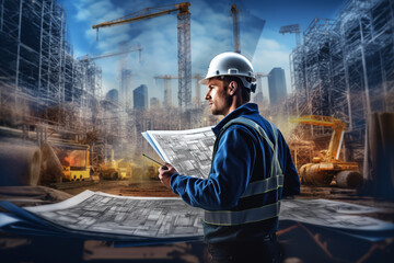 Construction engineer spreading blueprints in hand with the outline of a modern construction site filled