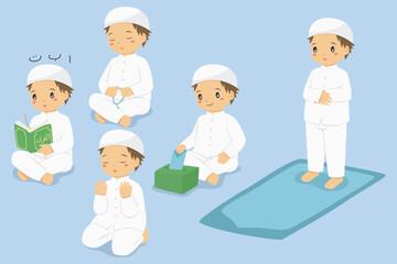 Muslim kids cartoon vector set. Muslim boy praying, reading Quran, shalat, doing dhikr and giving sadaqah or charity