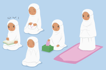 Muslim African American kids cartoon vector set. Muslim girl praying, reading Quran, shalat, doing dhikr and giving sadaqah or charity