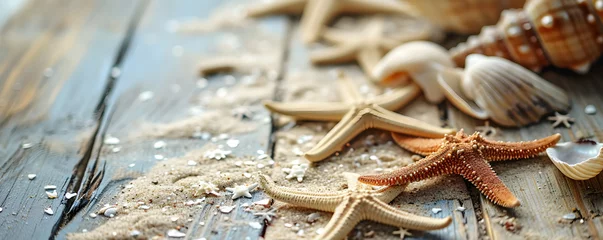 Fototapeten Seashells, starfish, seashells on a wooden deck on the ocean shore. Summer travel, kids holidays on the sea side, sea coast, tropical beach. Concept of vacation for banner, postcard with copy space. © Irina
