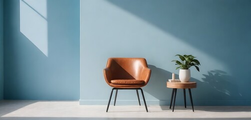 A modern brown chair against a light blue wall in an indoor setting