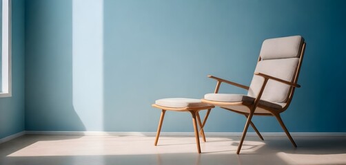 A modern chair against a light blue wall in an indoor setting
