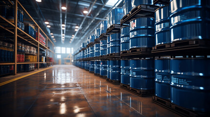 Chemical Barrels. Warehouse of chemical products. Metal barrels with crude oil. Chemistry industry warehouse. Pallets with barrels in industrial plant. Oil storage room. - obrazy, fototapety, plakaty