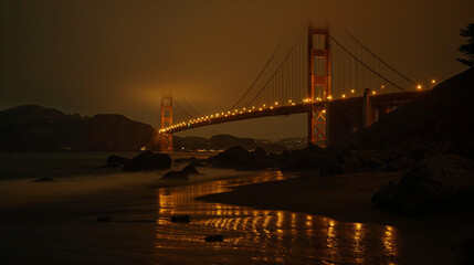 Golden Gate Bridge Illuminated at Night, Majestic Coastal Landmark with Glowing Lights Reflecting on Seashore