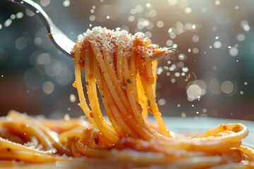 Indulge in a mouthwatering depiction of twirled spaghetti pasta on a fork, showcasing artful arrangement of strands and appetizing appearance that invites viewers to savor the flavors 