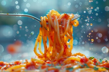 Indulge in a mouthwatering depiction of twirled spaghetti pasta on a fork, showcasing artful arrangement of strands and appetizing appearance that invites viewers to savor the flavors 