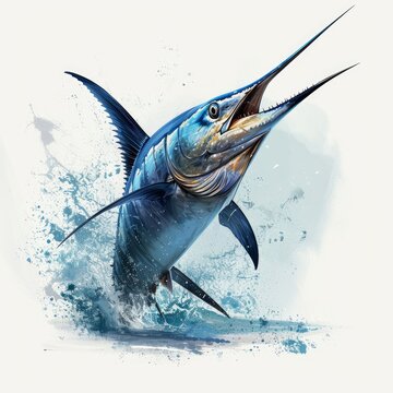 recommend clip art: Detailed illustration of a blue marlin swordfish jumping out of the ocean isolated on a white background, Generative AI