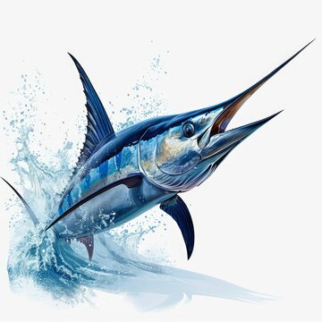 recommend clip art: Detailed illustration of a blue marlin swordfish jumping out of the ocean isolated on a white background, Generative AI