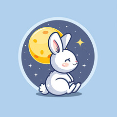 Cute rabbit with a Moon cartoon vector icon illustration. animal nature icon concept isolated premium vector, flat logo 