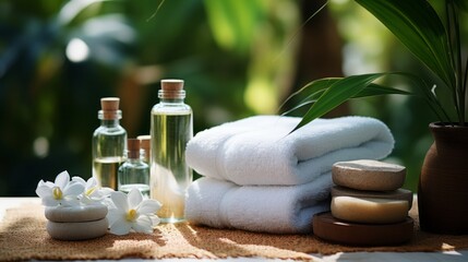 Spa composition in tropics: spa decoration with candle, flowers, massage oil. Set up with Palm essential oils. Massage spa composition.